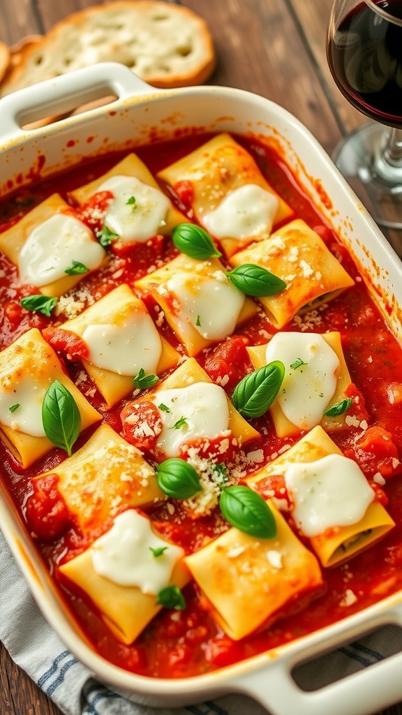 Baked Four-Cheese Spinach Manicotti topped with cheese and fresh basil in a rustic dish on a wooden table.